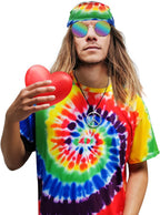 Hippie Costume for Men Women 60s and 70s colorful T-shirt sunglasses headband Peace necklace 4-piece theme party