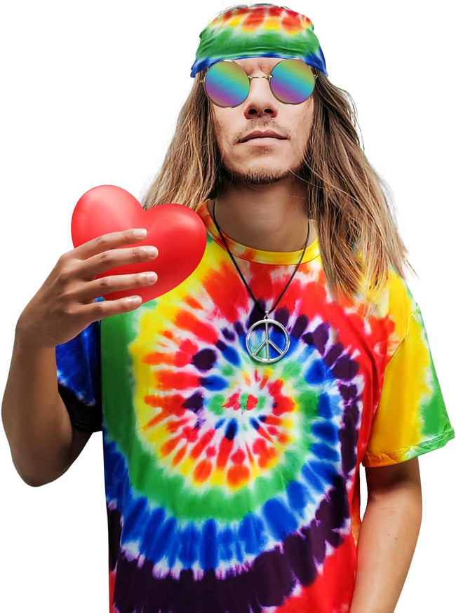 Hippie Costume for Men Women 60s and 70s colorful T-shirt sunglasses headband Peace necklace 4-piece theme party Main Image
