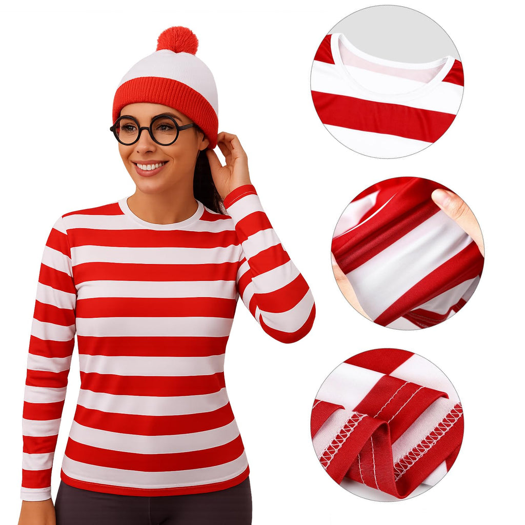 4 Pieces Red and White Striped Shirt and Hat for Women,Adult Halloween Costumes Cosplay Suits with Glasses Outfit Suit Set (Large)