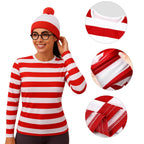 4 Pieces Red and White Striped Shirt and Hat for Women,Adult Halloween Costumes Cosplay Suits with Glasses Outfit Suit Set (Large)