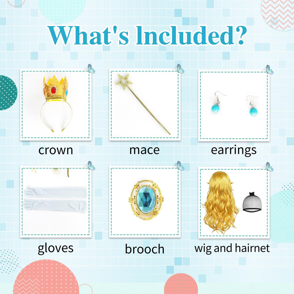 ANOGOL Hair Cap+ 28 Inch Princess Wig for Women Golden Long Wavy Wigs Peach Cosplay Wig Anime Synthetic Hair for Halloween Party Costume (1 Crown+ 1 Wand+ 2 Earrings+ 2 Gloves+ 1 Brooch)