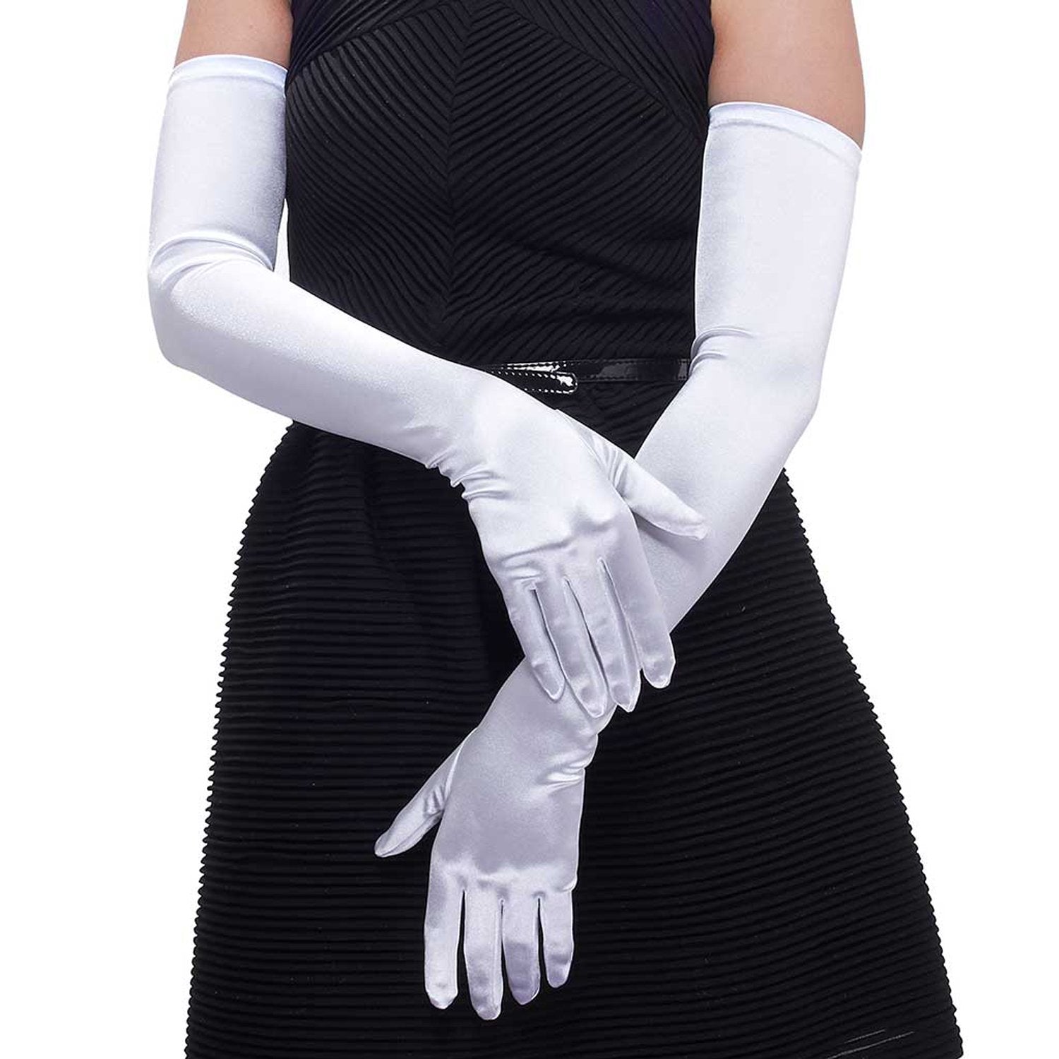 Lansian Women's 21'' Long Satin Gloves White Elbow Length 1920s Opera Bridal Dance Gloves For Evening Party Opera Costume, White