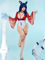 haikyuu Women Anime One Piece Swimsuit Cross Straps Cosplay Bathing Suit with Chiffon Cover-up and Ears (US, Alpha, Small, Regular, Regular, Standard, red)