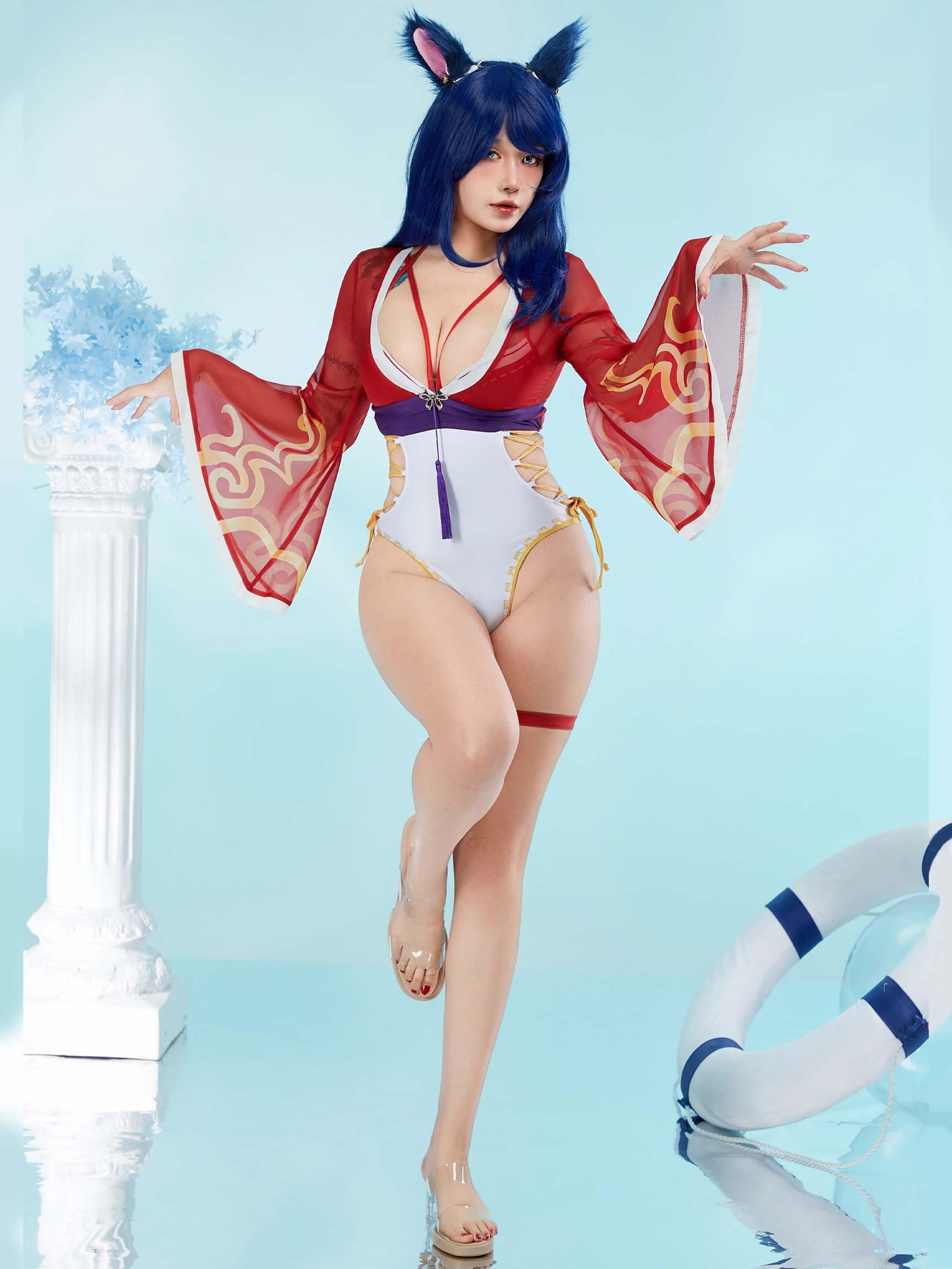 haikyuu Women Anime One Piece Swimsuit Cross Straps Cosplay Bathing Suit with Chiffon Cover-up and Ears (US, Alpha, Small, Regular, Regular, Standard, red)