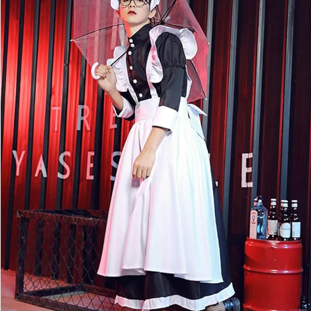 Volrath Womens Japanese Maid Cosplay Costume Fancy Black White Dress Outfit Halloween Apron with Headwear Socks Sets(XXL,BlakcW)