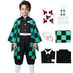 Mscawow Kids Anime Costume Kamado Tanjir Cosplay Kimono Set Halloween Costume with Green Cloak & Belt for Boys