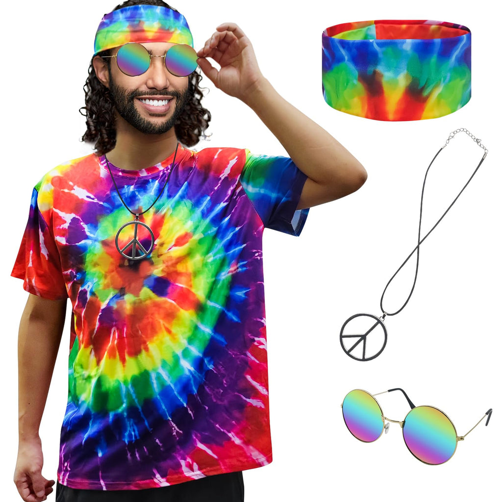 Hippie Costume for Men Women 60s and 70s colorful T-shirt sunglasses headband Peace necklace 4-piece theme party