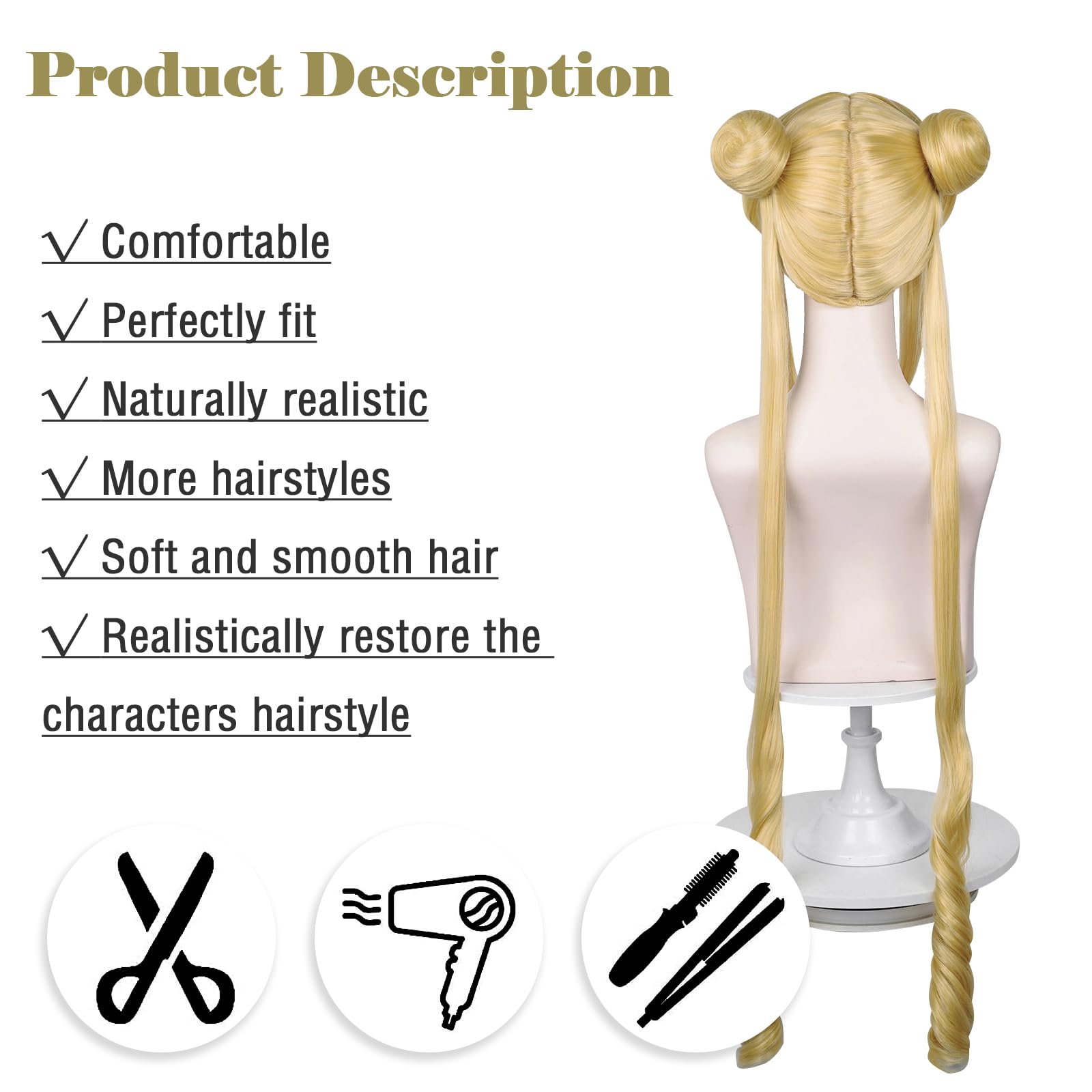 LABEAUTÉ Long Curly Blonde Ponytails Wig with Buns for Women Girls Cosplay Costume Anime Blonde Pigtails Wig with Bangs + Cap