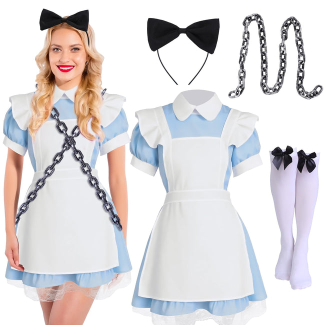 Mepase 5 Pcs Halloween Grunge Band Costume Wonderland in Chains Costume Blue Maid Dress Vintage Chains Set for Women Cosplay(S) Hover Image