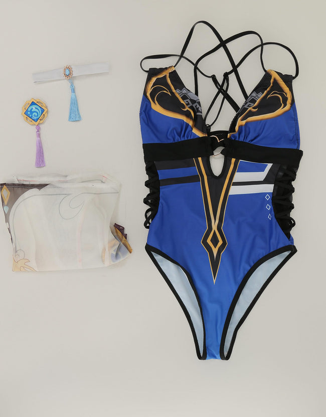 haikyuu Women Anime Cosplay One Piece Swimsuit with Kimono Cover Up Deep V Halter Tummy Control Bathing Suit Blue Main Image
