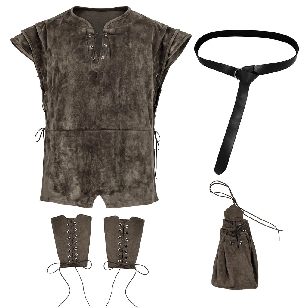 TEYHUI 5 Pcs Norse Viking costume men renaissance costume Medieval tunic Pirate costume men adult(Z3758GY,L)