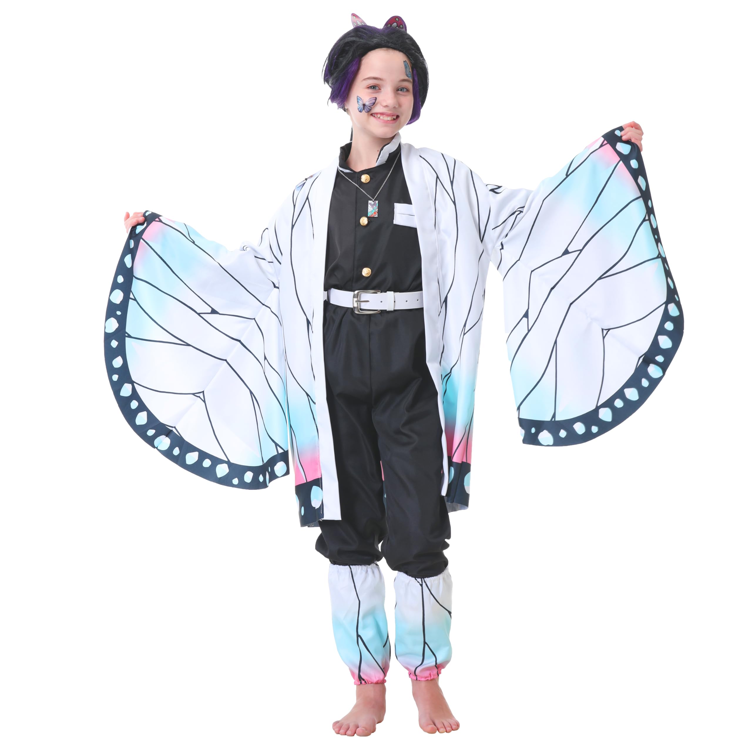 Powzaty Anime Cosplay Costume Kimono Full Set Adult Girls Robe Cloak Costume Set Halloween Kimono Outfit Cosplay with Wig (Butterfly Set, Kids 140)