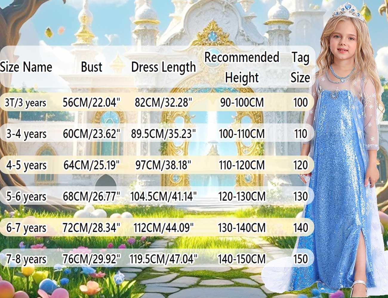 Luzlen Snow Princess Dress for Girls Toddler Queen Costume Halloween Christmas Cosplay Birthday Party Outfits Kids Blue, 3-4T(Tag 110)