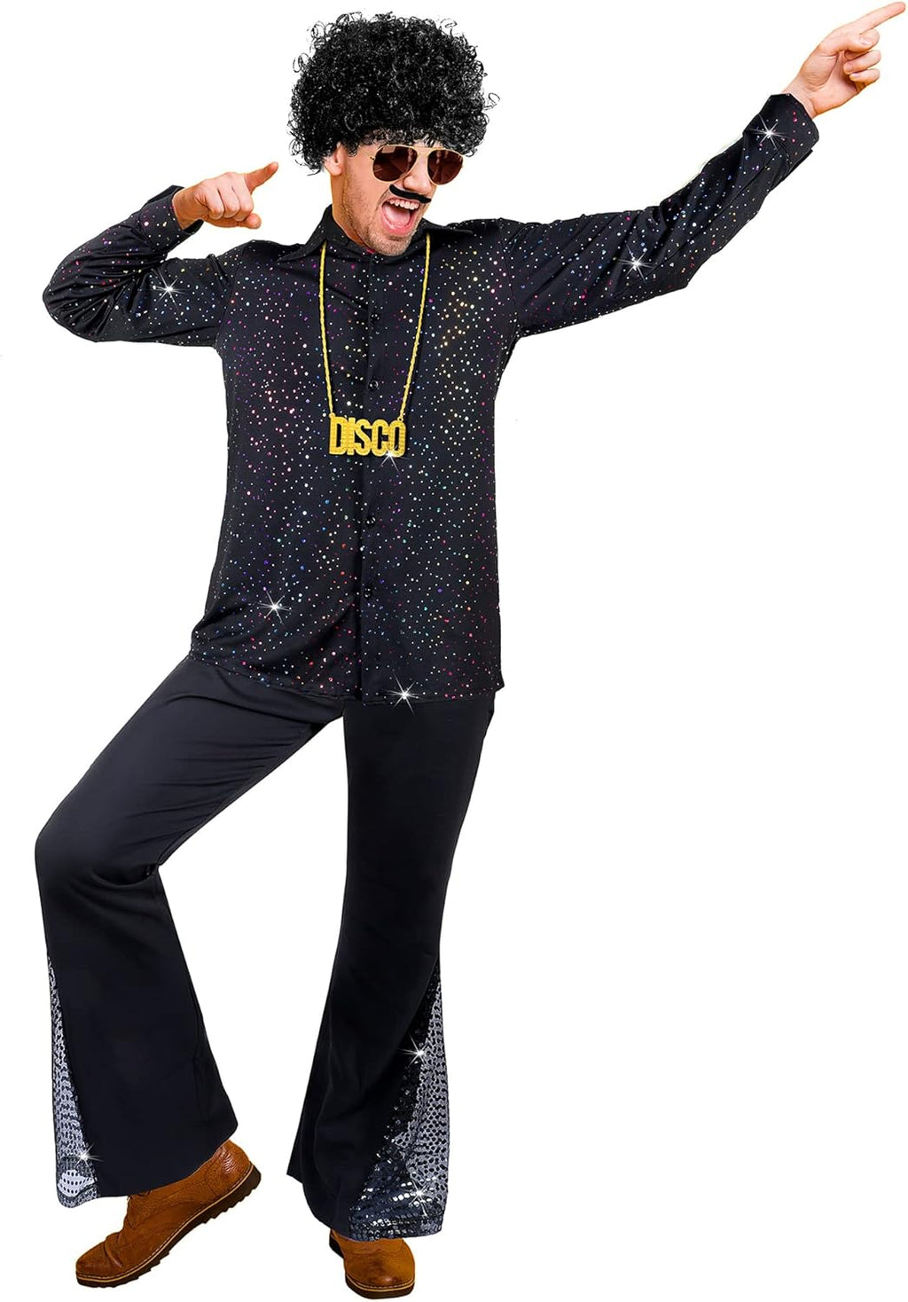 6 Pcs Mens 70s Disco Outfits Retro Halloween Couples Costume with Bell Bottom Pants