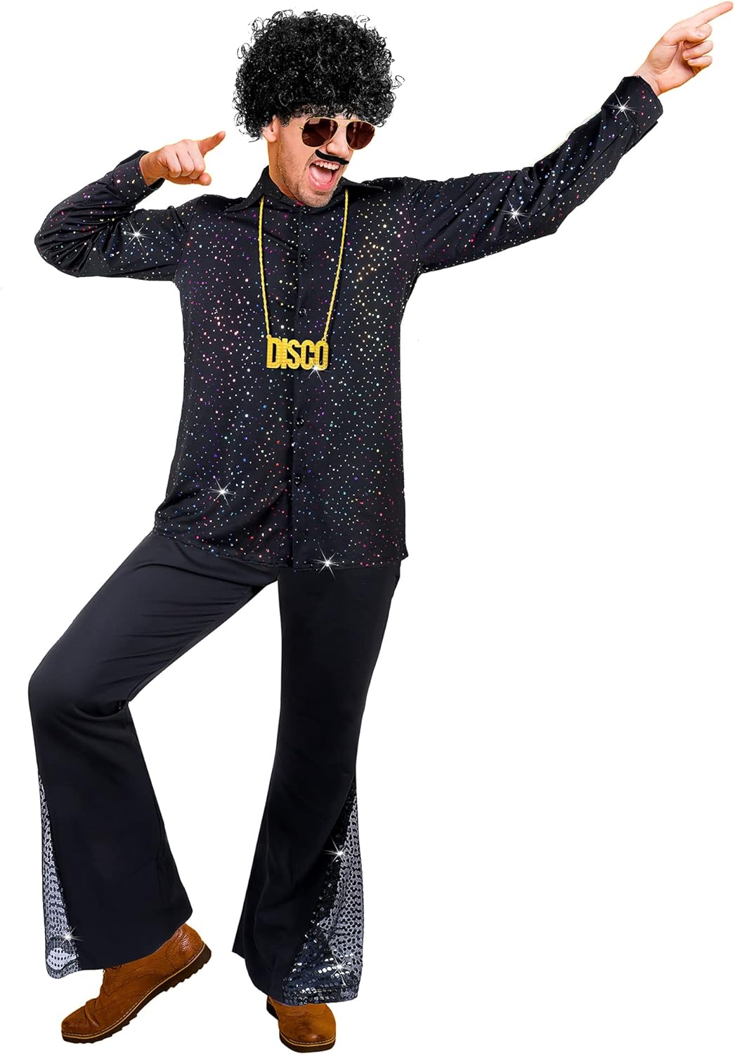 6 Pcs Mens 70s Disco Outfits Retro Halloween Couples Costume with Bell Bottom Pants