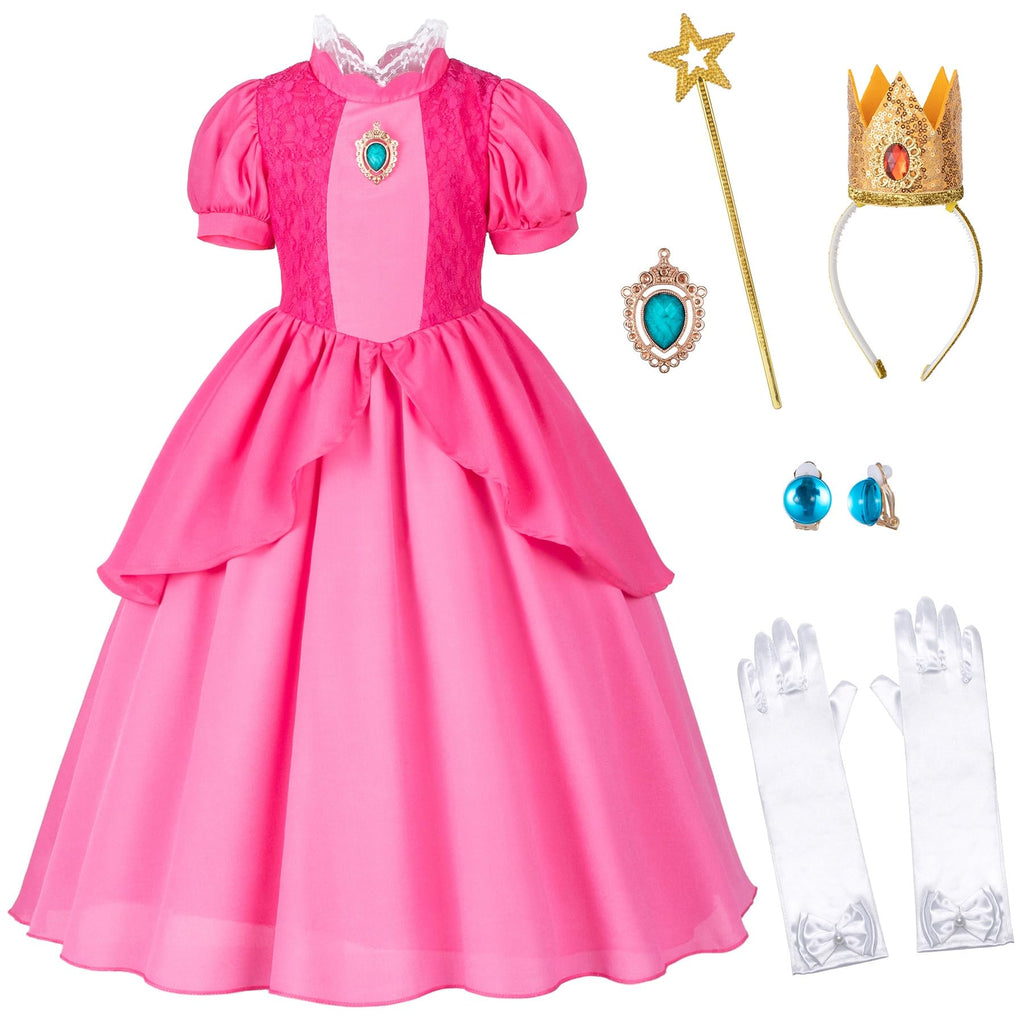 Bosvin Pink Princess Dress for Girls, Kids Princess costume with Crown Gloves Wand Earrings 3T 4T