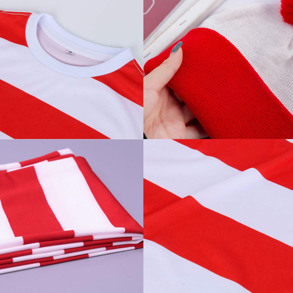 4 Pieces Red and White Striped Shirt and Hat for Women,Adult Halloween Costumes Cosplay Suits with Glasses Outfit Suit Set (Large)
