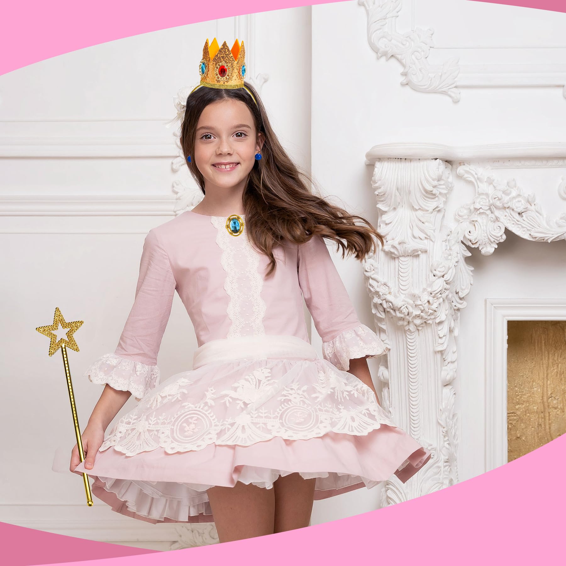 woxafo 5PCS Princess Crown Accessories, Princess Tiara Headband/Wand/Gloves/Brooch/Earrings for Girls Women Halloween Cosplay Party Dress Up