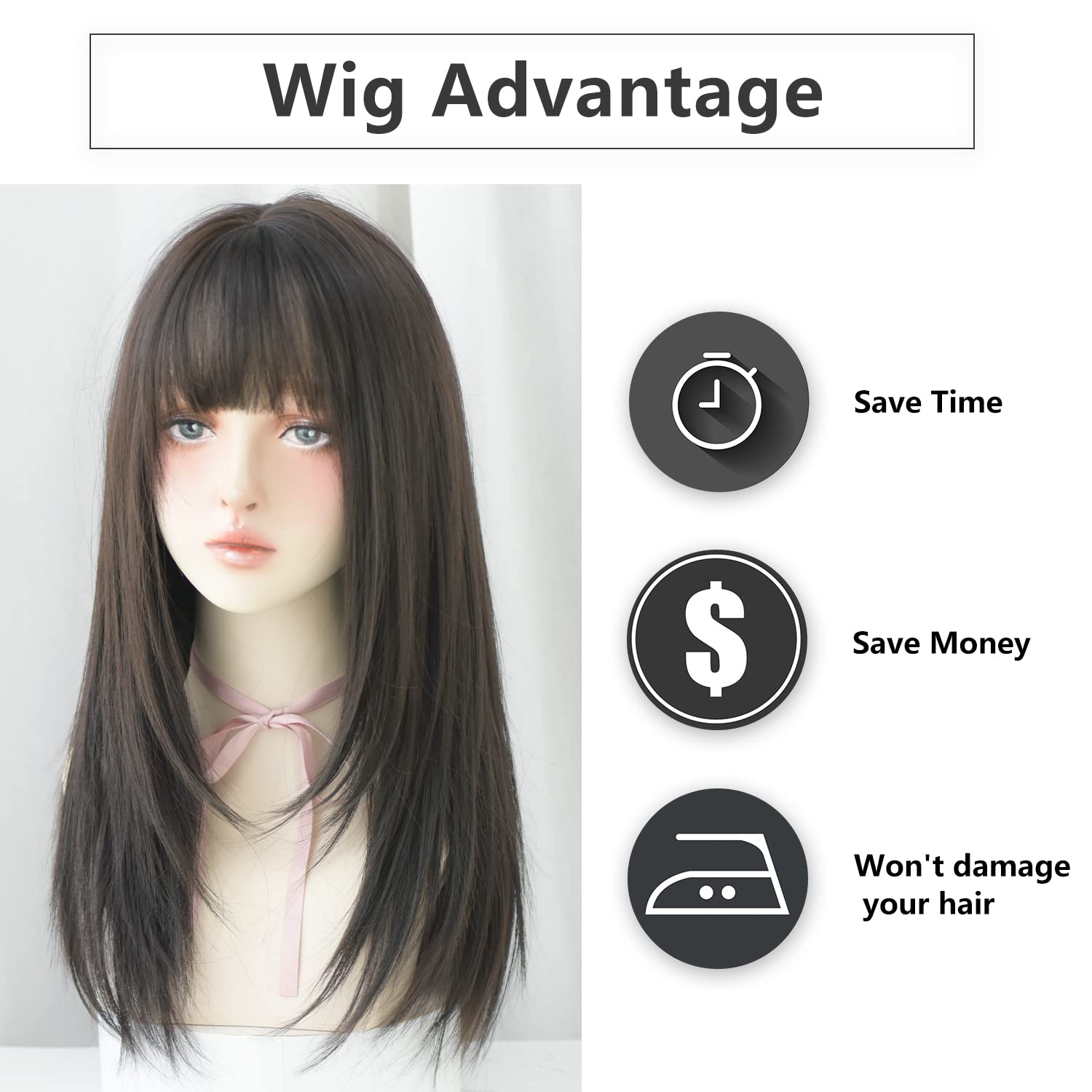 7JHH WIGS Black Wigs with Bangs Synthetic Dark Brown Wig Long Straight Wig for Women Party and cosplay wig (23" Natural Black NEW