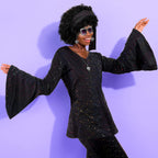 Jexine Halloween 70s Women Disco Outfit Costume Set Disco Party Top Pants Sunglasses Ball Necklace Earring Wig(White,Large)