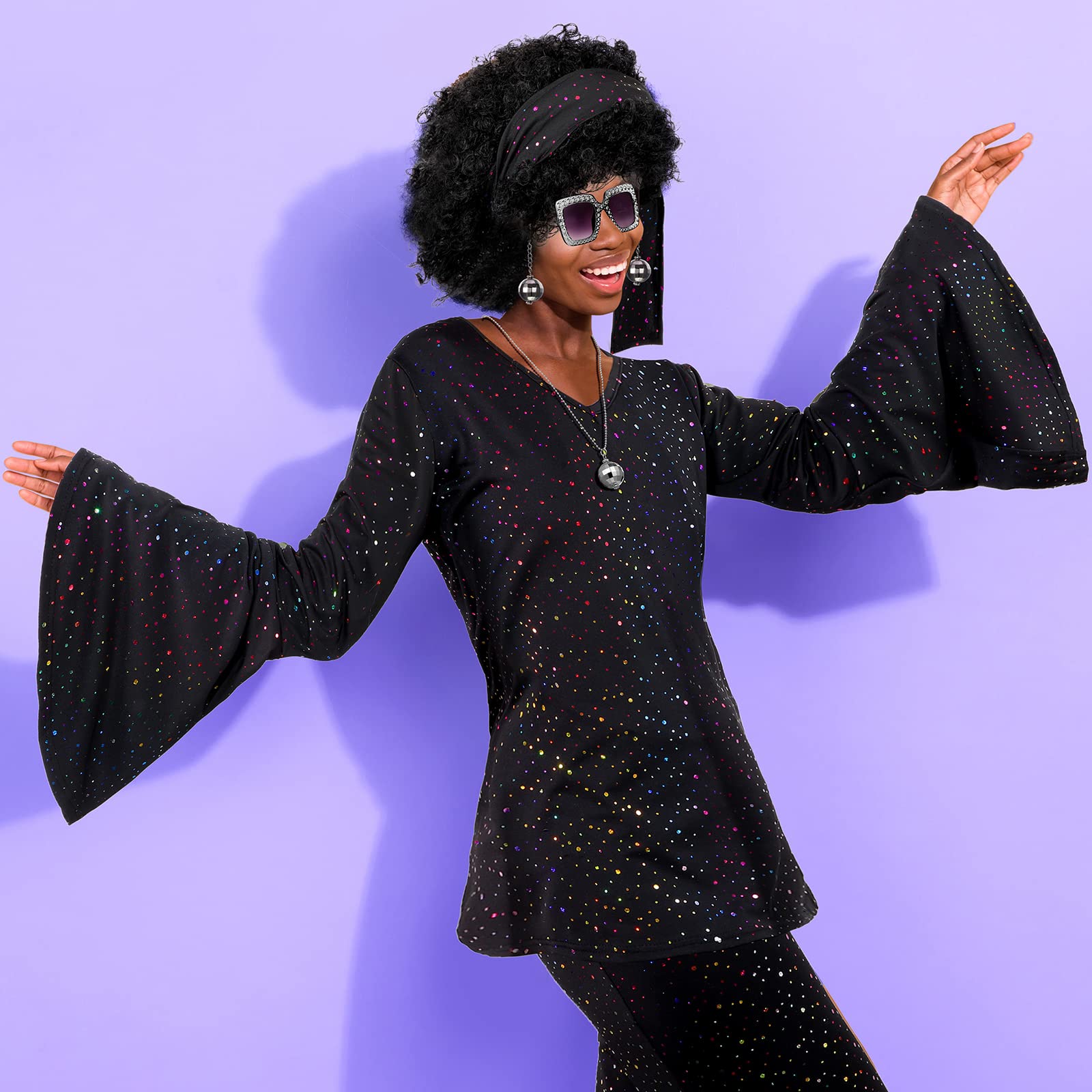 Jexine Halloween 70s Women Disco Outfit Costume Set Disco Party Top Pants Sunglasses Ball Necklace Earring Wig(White,Large)