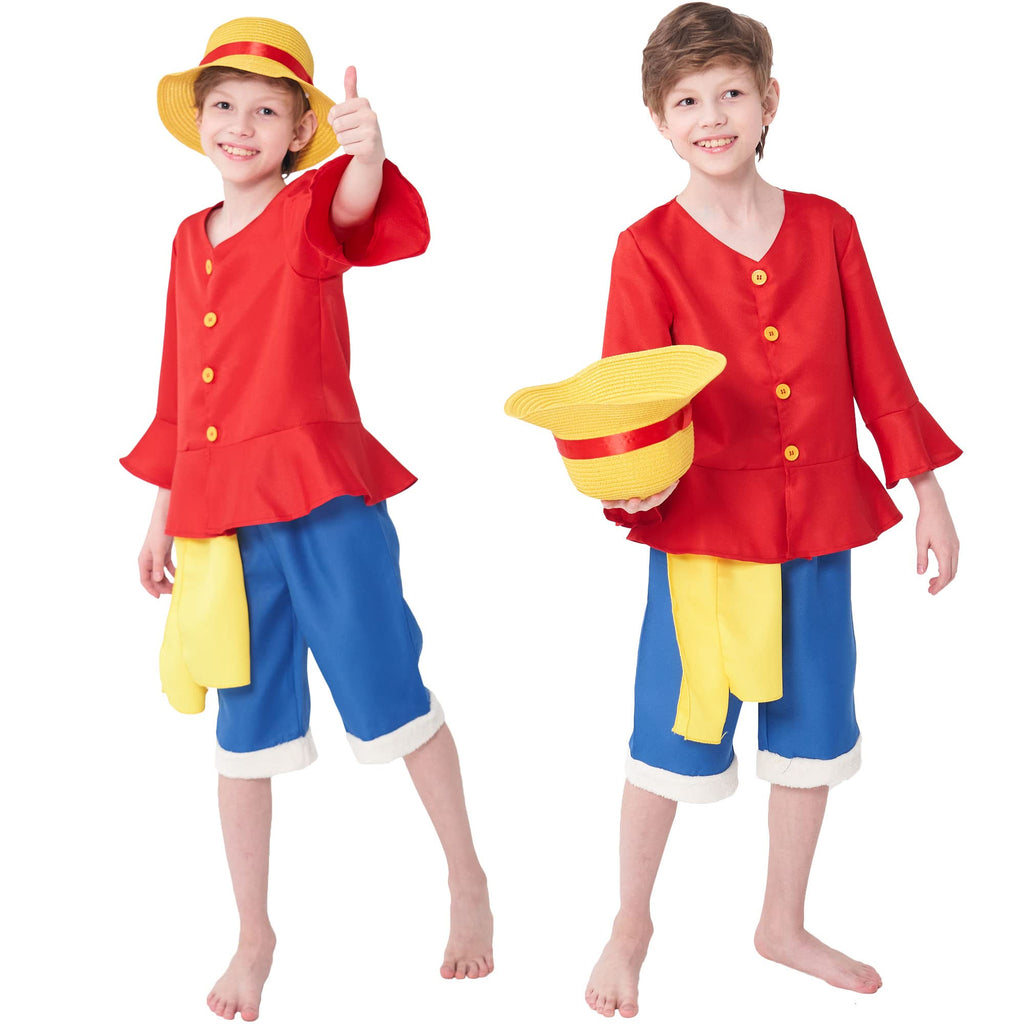 XUAURDT Kids Pirate Costume Red Suits Top Pants Boys Pirate Outfits Halloween Anime Props Straw Hat Dress Up Shirt Shorts Costume (Red, Tag 130)
