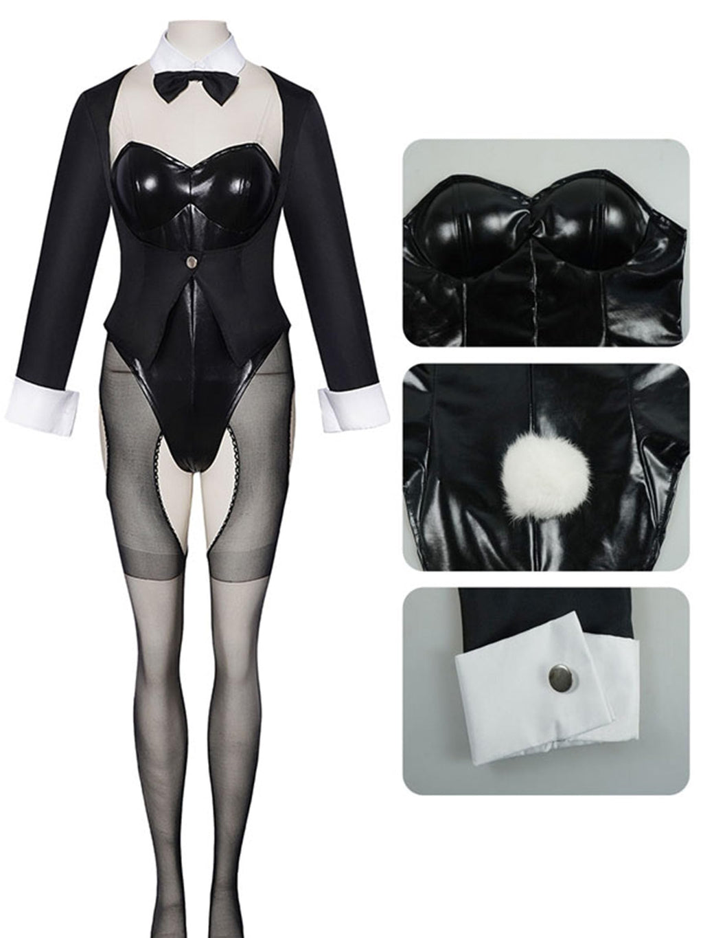 Cosplay.fm Women Dress Up Cosplay Costume Black Bunny Bodysuit and Coat with Stockings and Bunny Ear Headband (Black, S)