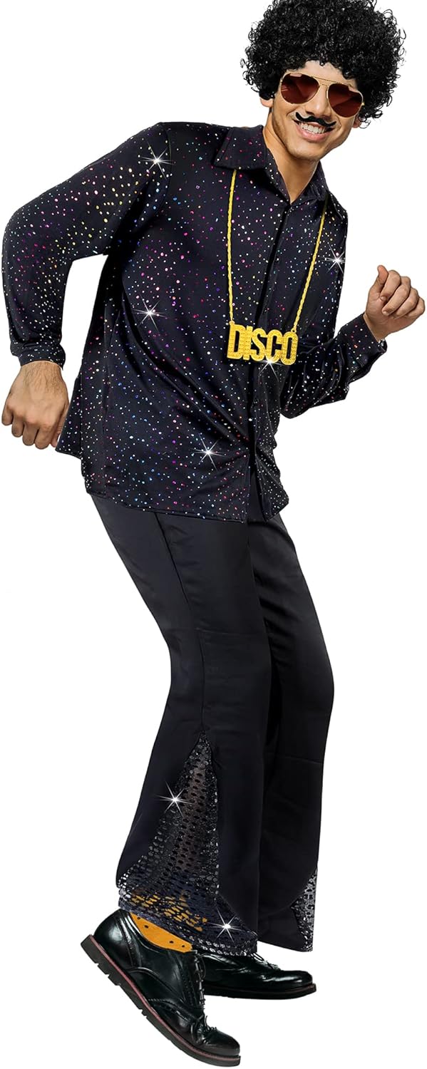 6 Pcs Mens 70s Disco Outfits Retro Halloween Couples Costume with Bell Bottom Pants