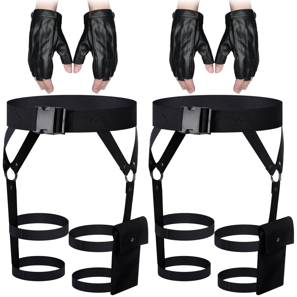 Kathfly 2 Sets Women's Multi Strap Garter and Leather Gloves Halloween Black Utility Goth Belt Costume with Pocket Adjustable Leg Straps for Halloween Party Cosplay Accessory