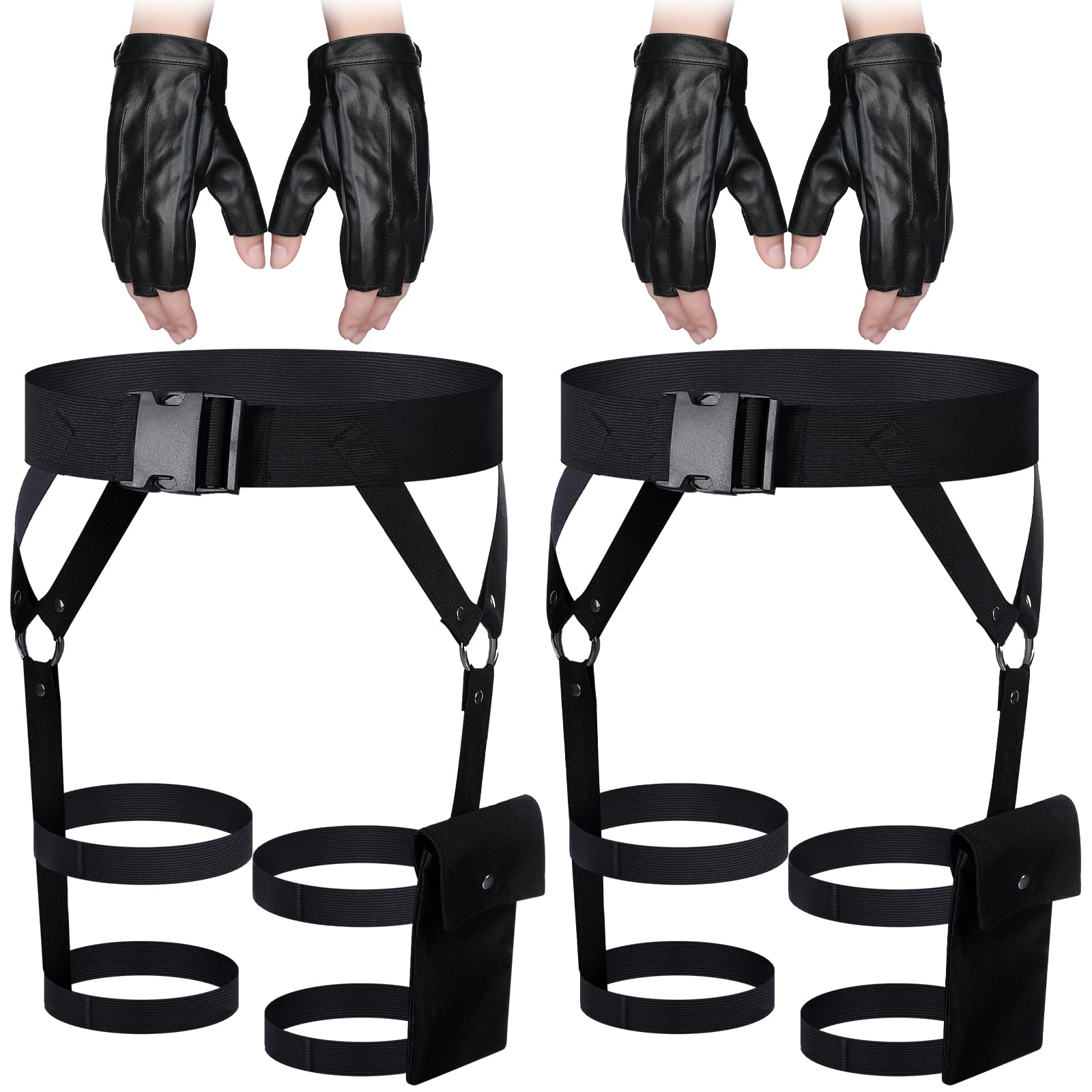 Kathfly 2 Sets Women's Multi Strap Garter and Leather Gloves Halloween Black Utility Goth Belt Costume with Pocket Adjustable Leg Straps for Halloween Party Cosplay Accessory
