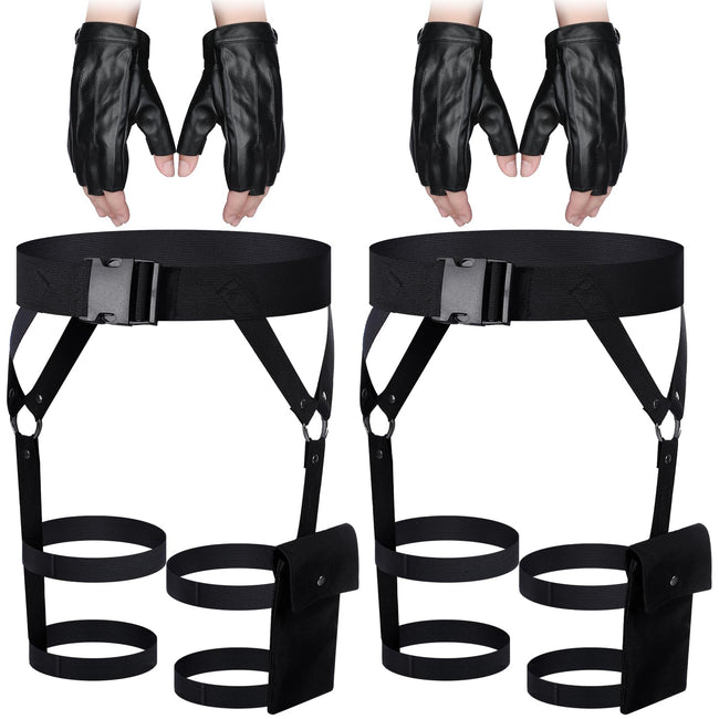 Kathfly 2 Sets Women's Multi Strap Garter and Leather Gloves Halloween Black Utility Goth Belt Costume with Pocket Adjustable Leg Straps for Halloween Party Cosplay Accessory Hover Image