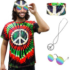 Hippie Costume for Men Women 60s and 70s colorful T-shirt sunglasses headband Peace necklace 4-piece theme party