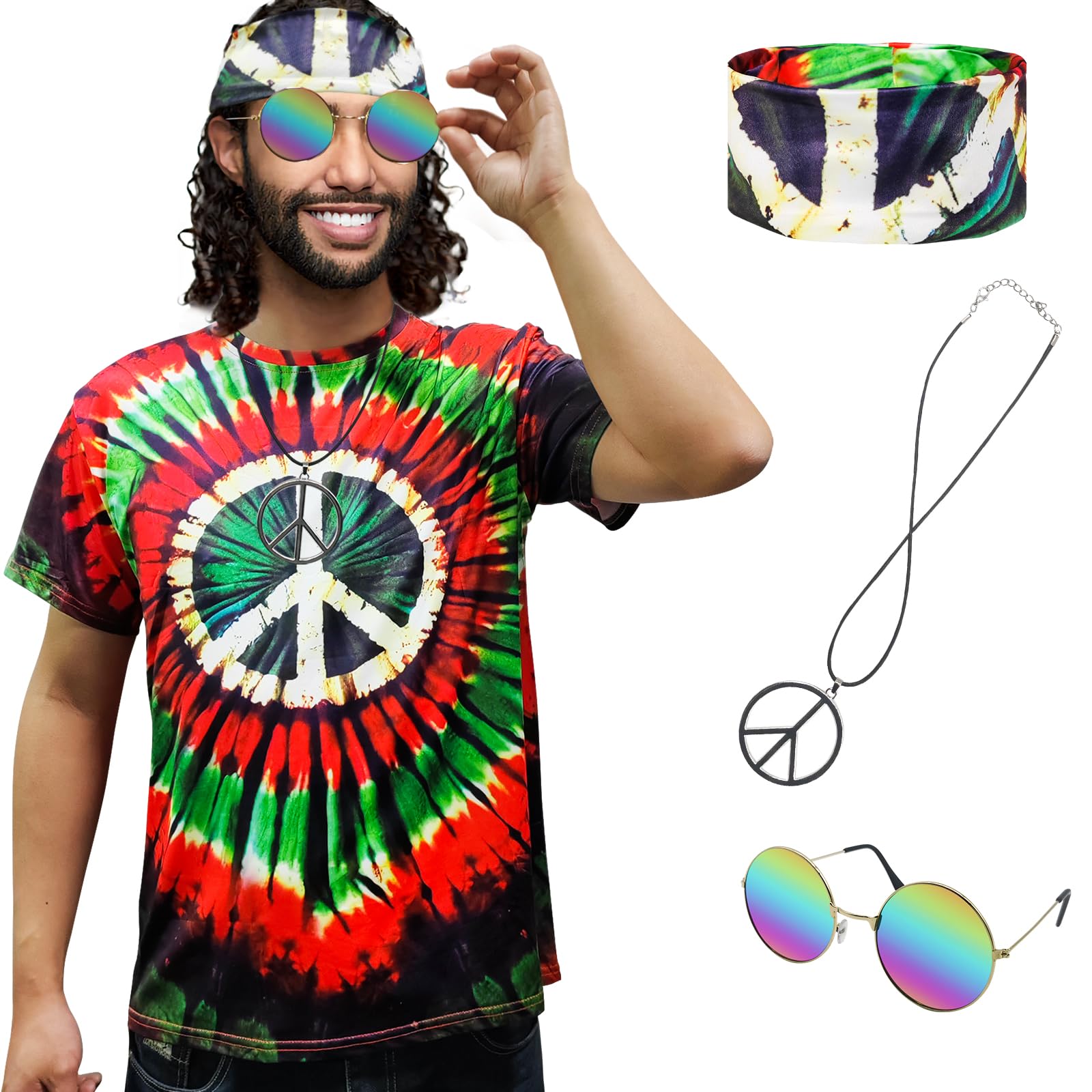 Hippie Costume for Men Women 60s and 70s colorful T-shirt sunglasses headband Peace necklace 4-piece theme party