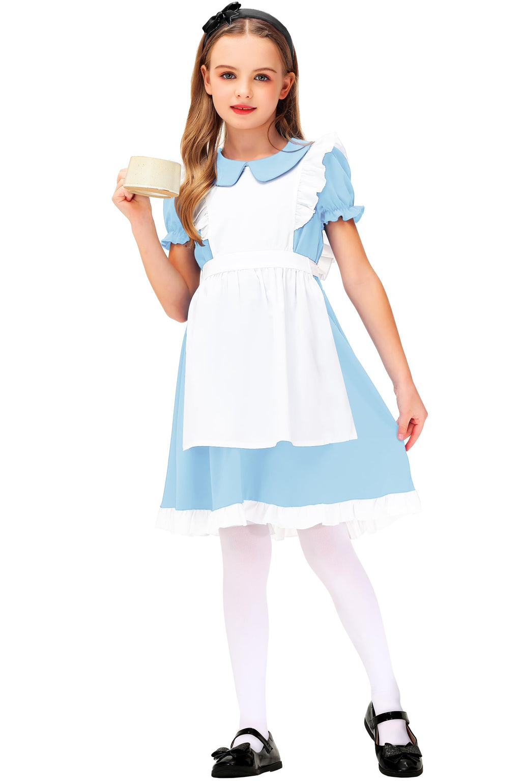 Alice in Wonderland Dresses Girl's Elastic Waist Puff Sleeve Princess Dress Maid Outfit 13-14 Years Light Blue