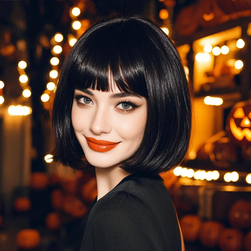 Onedor 10" Short Straight Hair Flapper Cosplay Costume Bob Wig (Black)