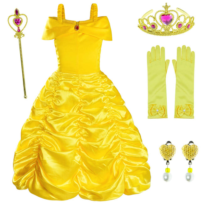 Princess Costume for Girls Birthday Party Fancy Dress Up with Accessories(Crown+Wand+Earrings+Gloves) Main Image
