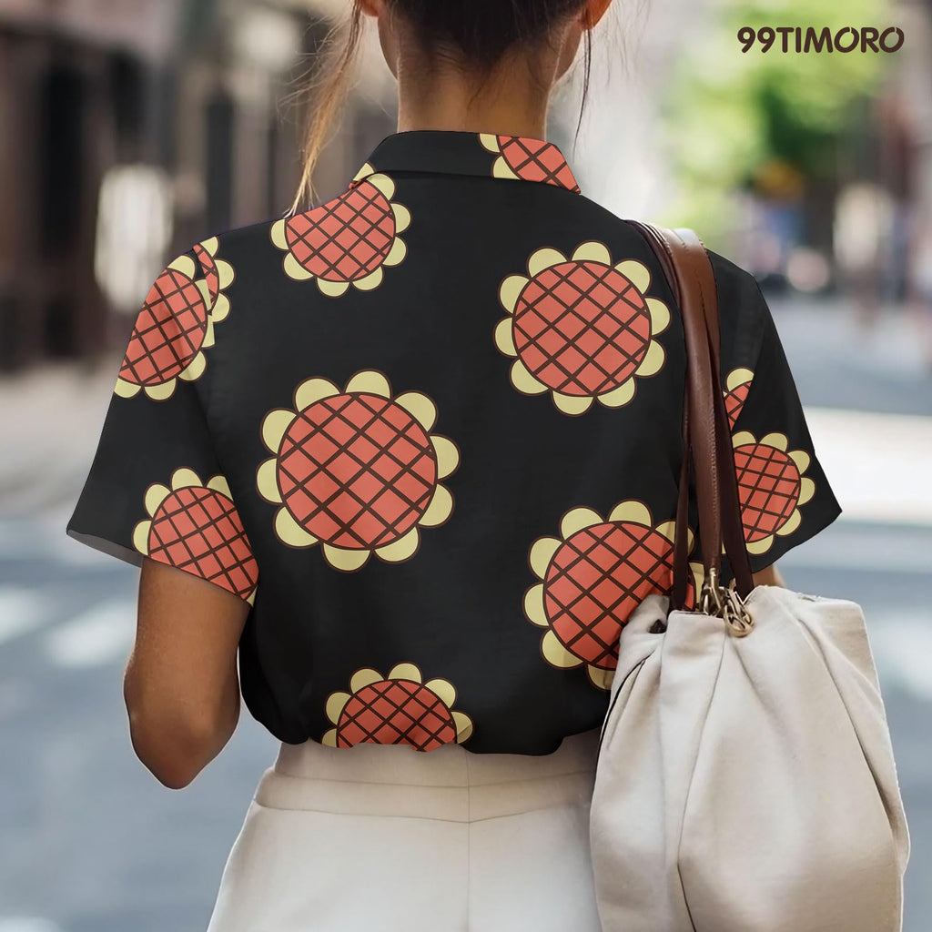 99TIMORO Anime Movie Short Sleeve Shirt, Manga Character Hawaiian Button Down Top, Sunflower Color, Large