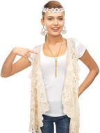 WILLBOND 4 Pcs Halloween 60s 70s Outfits for Women Hippie Costume 70s Costume Tops Accessories Women Fringe Hippie Vest(X-Large,Black)