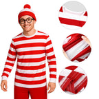 3 Pieces Red and White Striped Shirt and Hat for Men,Adult Halloween Costumes Cosplay Suits with Glasses Outfit Suit Set (M)