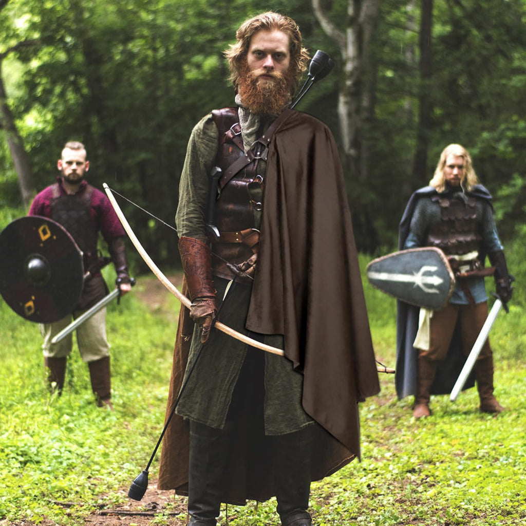 L'VOW Samurai Half Shoulder Cape Medieval Cloak Shawl with Belt Warrior Cape Shrug Halloween Dune Costume for Men(Brown)