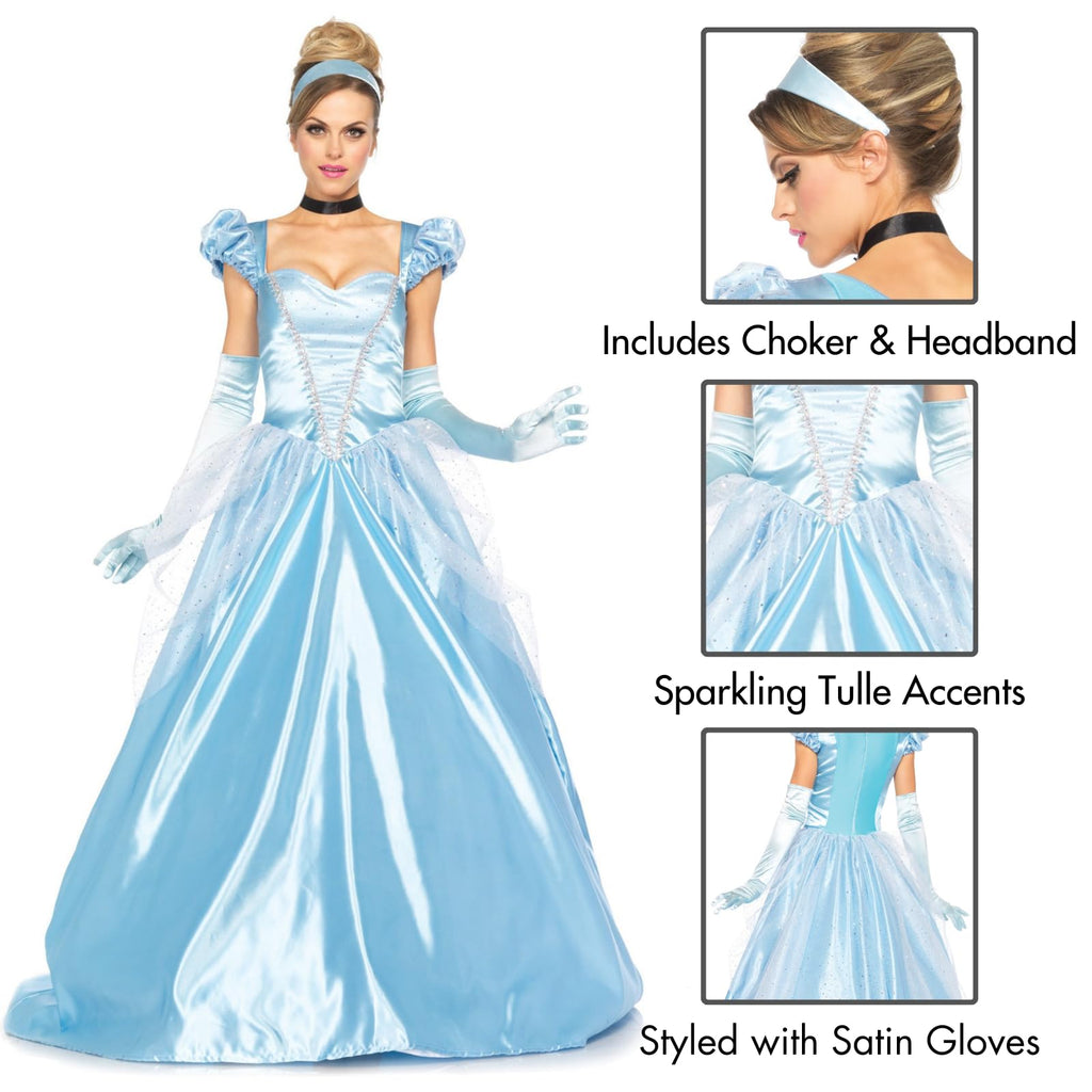 Leg Avenue Womens - 3 Piece Classic Cinderella Gown Set Full Length Family Friendly Princess Dress and Headband Set Adult Sized Costumes, Blue, Medium US