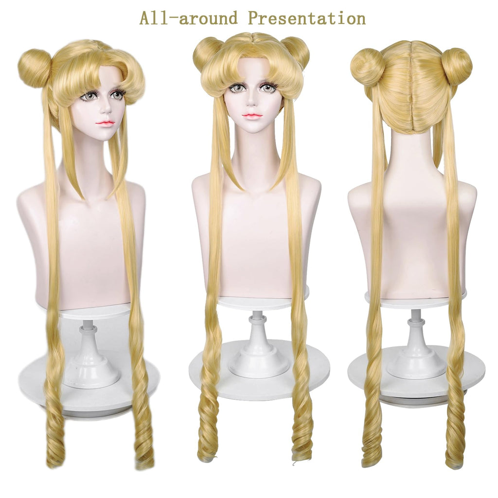 LABEAUTÉ Long Curly Blonde Ponytails Wig with Buns for Women Girls Cosplay Costume Anime Blonde Pigtails Wig with Bangs + Cap