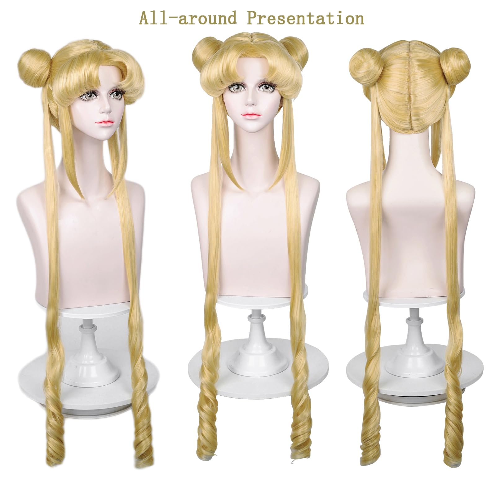 LABEAUTÉ Long Curly Blonde Ponytails Wig with Buns for Women Girls Cosplay Costume Anime Blonde Pigtails Wig with Bangs + Cap