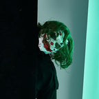 IUUBVV Futuristic Clown Mask with Green Wig, White and Red Cyberpunk Style Face Mask, Halloween Costume Accessory
