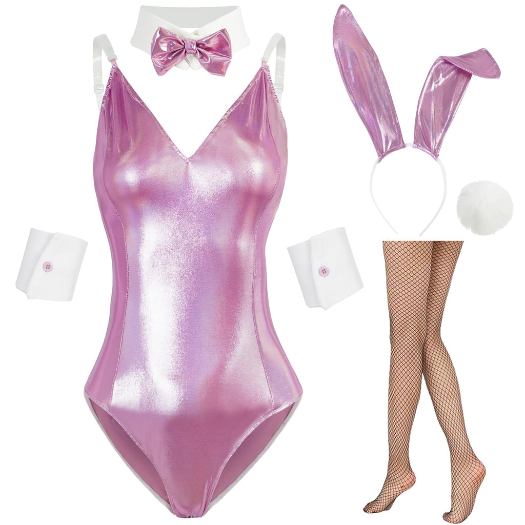 GUKULIVEL Womens Bunny Costume Girl Bodysuit Halloween Role Play Bunny Outfit with Ear Collar Bow Tie Cuffs Stockings