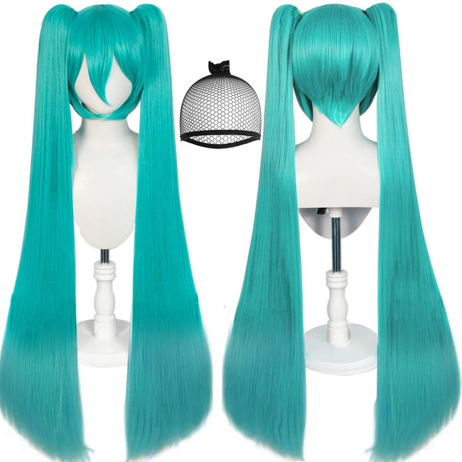 JoneTing 120CM/47inches Green Wigs【+Hair Cap】 Long Greenish Wig with 2 Ponytails for Women Long Straight Green Wigs with Bangs for Cosplay Wig Synthetic Hair for Halloween Christmas Party Hover Image