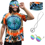 Hippie Costume for Men Women 60s and 70s colorful T-shirt sunglasses headband Peace necklace 4-piece theme party