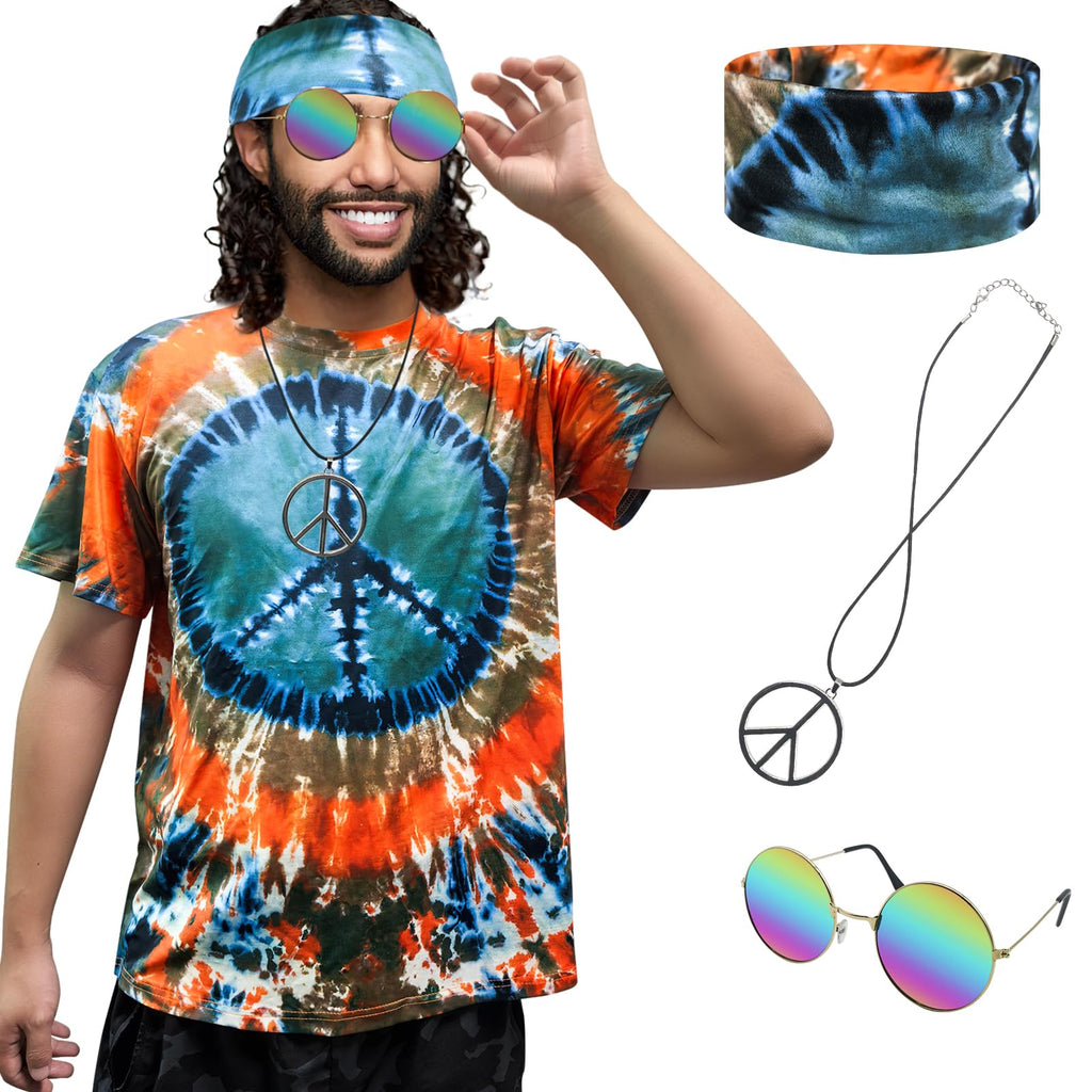 Hippie Costume for Men Women 60s and 70s colorful T-shirt sunglasses headband Peace necklace 4-piece theme party
