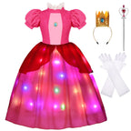 Girls Princess Dress Peach Costume Super Bros Kids LED Light Up Princess Dress for Deluxe Halloween Party Dress Up
