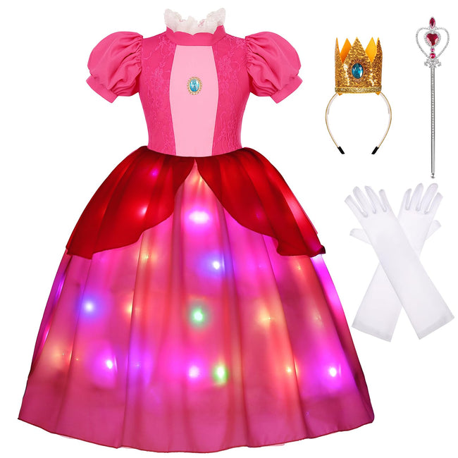 Girls Princess Dress Peach Costume Super Bros Kids LED Light Up Princess Dress for Deluxe Halloween Party Dress Up Main Image